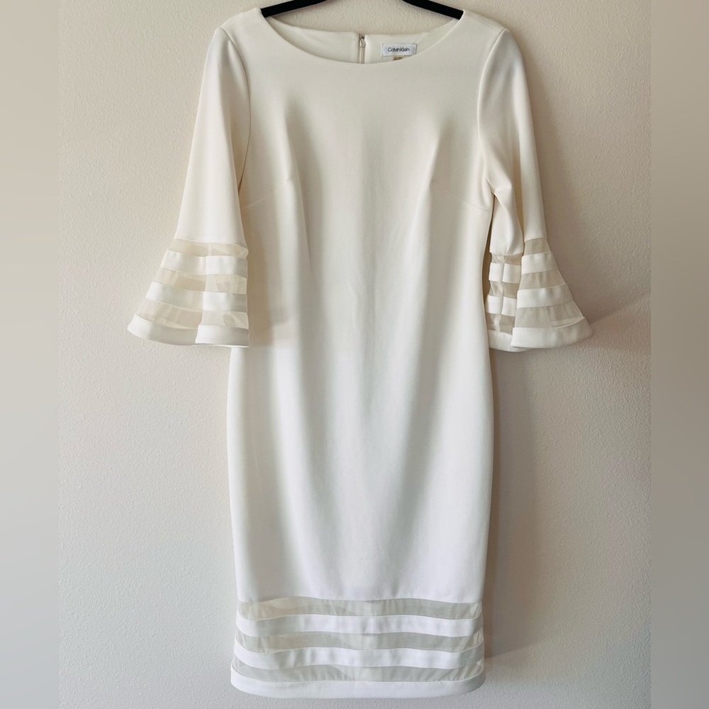 Calvin Klein Cream Midi Sheath Dress with Tiered Bell Sleeves